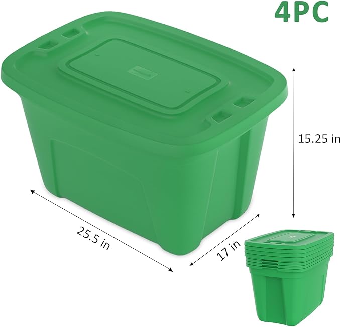 Storage Totes with Lids - Made in USA 18-Gallon (72-Quart) 4-Pack storage bins with lids plastic storage containers large storage boxes for Organizer Green/Green