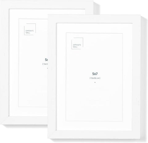 Opposite Wall - Set of 2-5x7 in - White Solid Oak Wood Picture Frames with Mat - Wall Hanging & Tabletop Photo Frame - Pictures Display 4x6 with Mat, 5x7 without - Office, Gallery & Home Decor