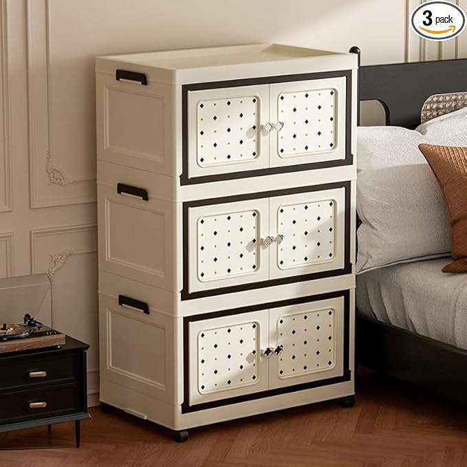 Lockable Storage Bins with Lids, Folding Storage box with Doors and Wheels, Collapsible Plastic Storage Bins for Closets, Stackable Storage Organizer, Storage Containers (Printed, 3-Tier)