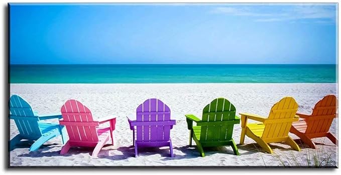 Beach Canvas Wall Art for Living Room, PIY Blue Sea with Colorful Chairs Picture Prints Decor, Relax Leisure Time Home Decorations (Waterproof, Ready to Hang, 30x60 Extra Large)