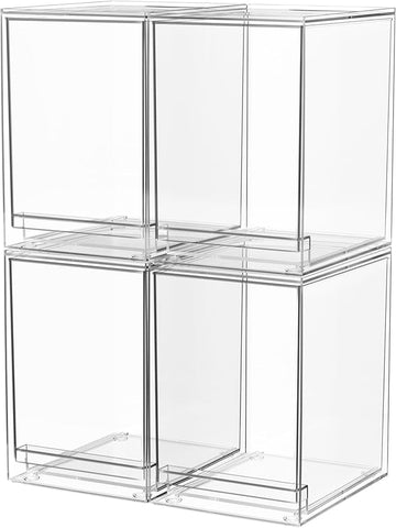 A-LuGei 【𝟰𝗣𝗖𝗦】 Acrylic Stackable Storage Drawers, 8.7" H Makeup Organizer, Bathroom Organizer and Storage, Plastic Storage Bins for Kitchen Cabinet Pantry Medicine Fridge