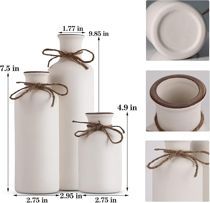 White Ceramic Vase Set - 3 Small Vases, Minimalist Decor Boho Vases, Modern Farmhouse Home Décor Accents, Living Room Centerpieces for Home Décor Room,Entryway, Bookshelf, Mantel, Shelf Décor