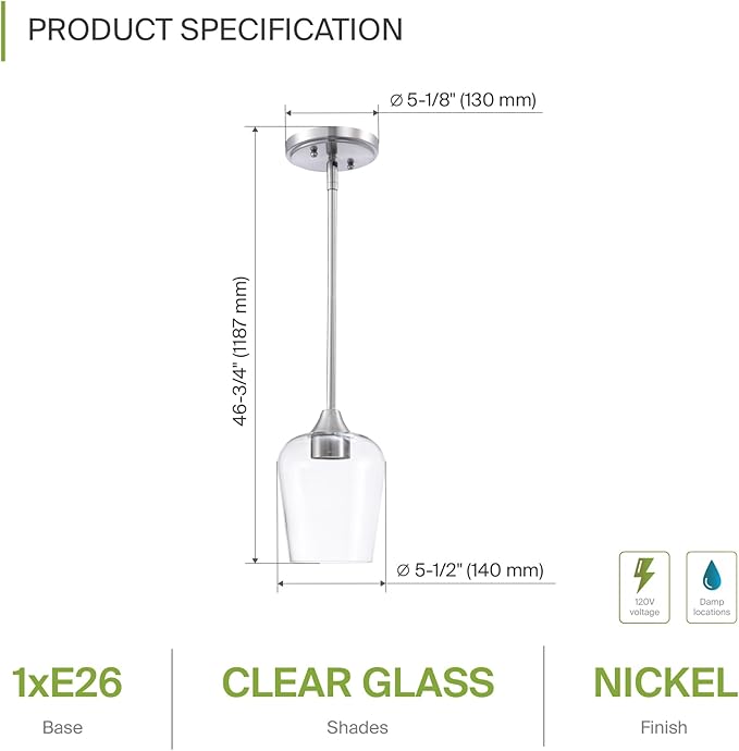 ASD Single Mini-Pendant Ceiling Light Fixture | 60W E26 Socket 120V | Dimmable, LED/CFL/Incandescent Bulbs Compatible, ETL Listed | Hanging Kitchen Island Lighting, Clear Drop Lamp | Nickel