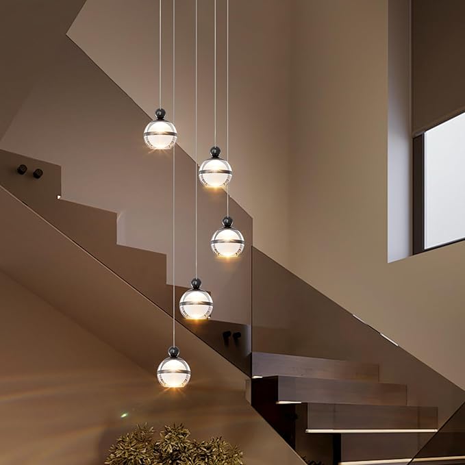 Modern Black Pendant Lighting LED Dimmable Hanging Pendant Light Fixtures Globe Cluster Pendant Lights Kitchen Island for Dining Room Living Room Bedroom Stairs 5 Lights