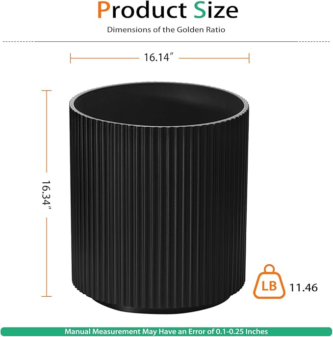Round Planter Outdoor Indoor, Large Plant Pots for Porch, Patio, Backyard, Modern Decor for Tall Plants, Flowers (Vertical Black, 16 inch - 2 Pack)