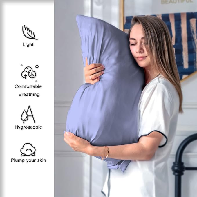 Natural Mulberry Silk Pillowcase for Hair and Skin Queen Size 20"X30" Silk Pillow Case with Hidden Zipper Soft Breathable Smooth Cooling Silk Pillow Covers for Sleeping(Grayish Blue,Queen,1Pcs)