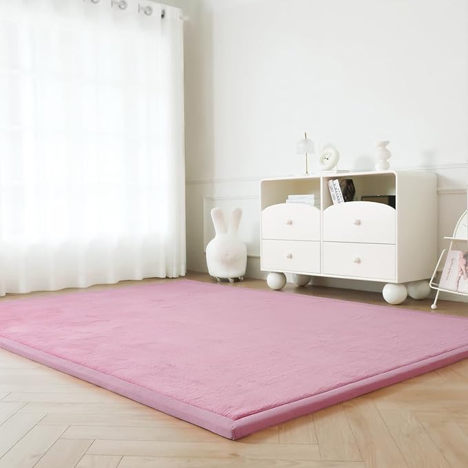 Loartee Faux Rabbit Fur Rug - 1.18" Thick Soft Fluffy Area Rug, Non-Slip Memory Foam Crawling Mat, Light Pink, 78"x110"