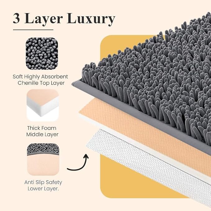 MAYSHINE Plush Shaggy Chenille Bath Mat | Extra Soft, Super Absorbent, Non-Slip Bathroom Rug | Fluffy Microfiber, Area Rug Sets for Bathroom Floor, Kitchen, Living Room | 47"x27" | White