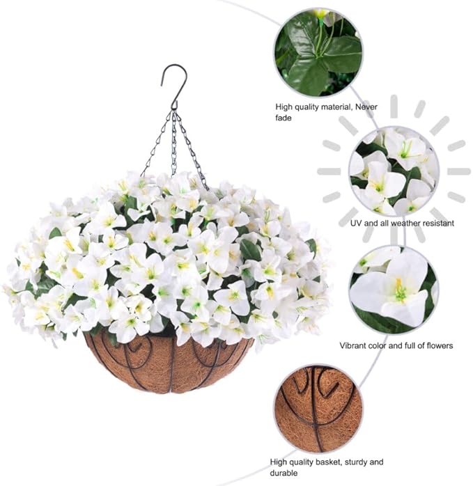 Artificial Hanging Flowers Plant with Basket for Outdoors, Fake Hanging Plants Silk Bougainvillea in Planter Look Real UV Resistant Faux Flower for Porch Patio Garden Home Decor (White-New)