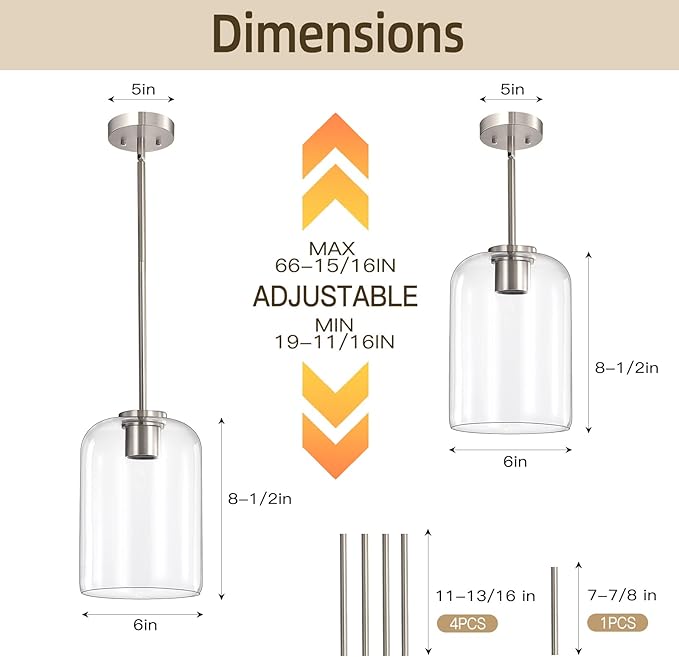Brushed Nickel Pendant Light Fixtures, 6 Inch Clear Glass Shade Modern Farmhouse Pendant Lights Kitchen Island, Industrial Hanging Light Fixture Adjustable Stem Rod for Over Sink