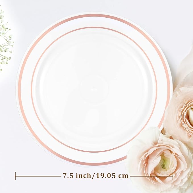 200 Pieces Disposable Plates Plastic Party Plates with Rim Hard Plastic Appetizer Salad Dessert 7.5 Inch Elegant Heavy Duty Tableware for Dinner Wedding Party Supplies(Rose Gold Rim)