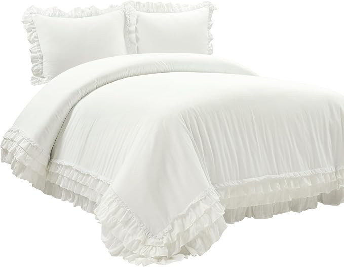 Lush Decor Ella Ruffle Lace 100% Cotton Duvet Cover, 3 Piece Set, Full/Queen, White - Cute Comforter - Queen Bedding Set - White Bedding Full Size - Coquette Decor - Neutral Lace Trim - Ruffle Trim