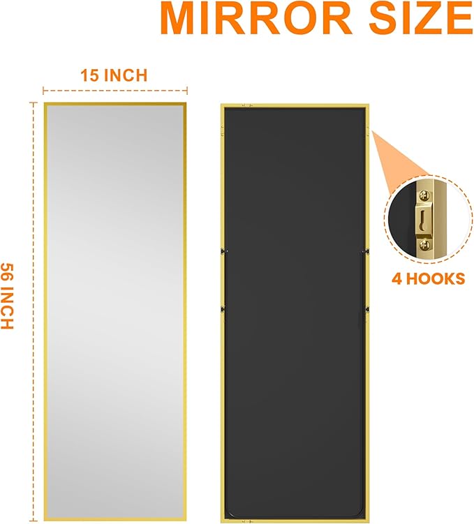Standing Mirror Full Length Mirror,15" x 56" Large Floor Mirror with Aluminium Frame for Door Bedroom Bathroom Living Room(Gold)