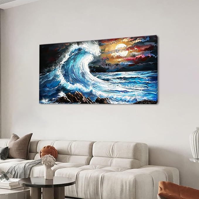 Waves Under The Moonlight Wall Art Decor Artwork for Bedroom (30x60 Inches)