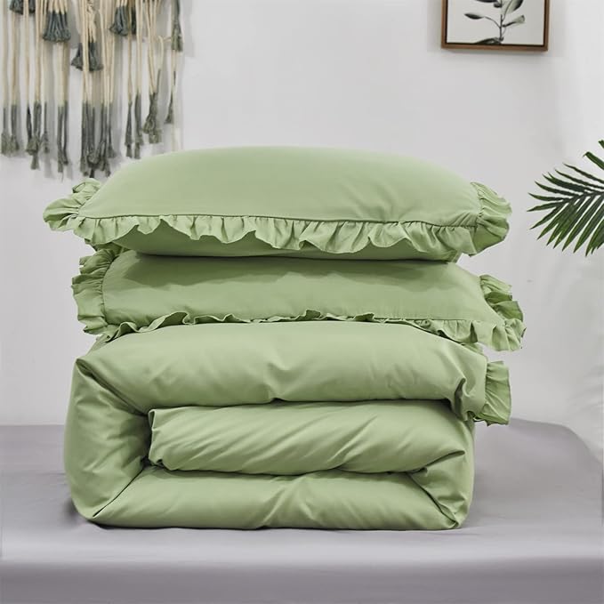 Luxlovery Sage Green Ruffle Comforter Set Full Boho Bedding Set Ruffled Farmhouse Boho Solid Blanket Quilts Aloe Green Bedding Set for Women Men