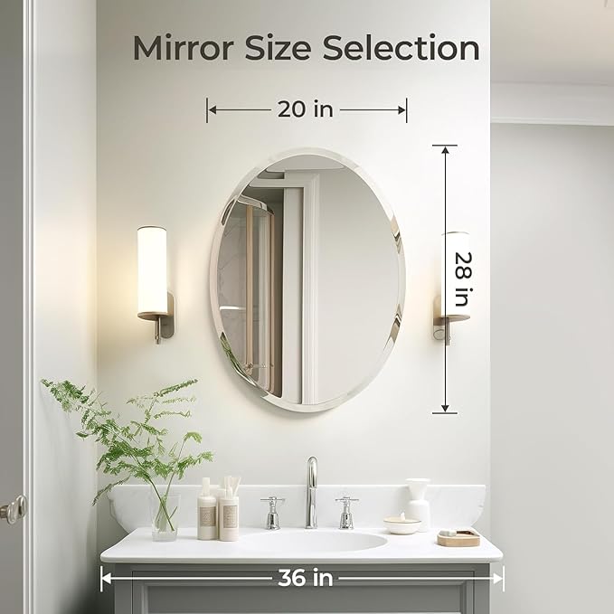 KOHROS Frameless Oval Mirror 20" x 28" Bathroom Wall Mirror w/Polished Beveled Edge, Anti-Rust, Tempered Glass (Silver)