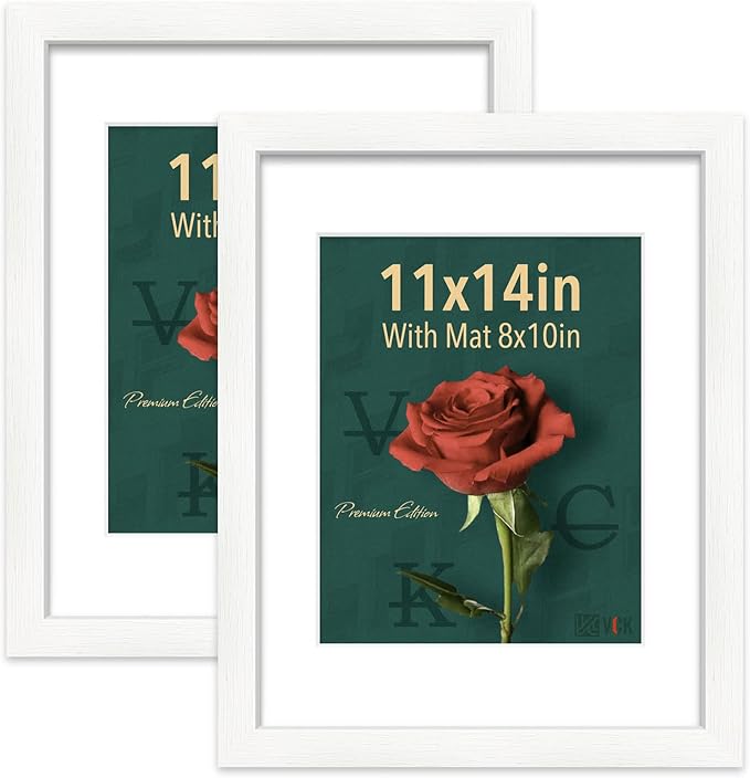 VCK 11x14 White Picture Frames with Mat, 8x10 Matted to 11x14 Wood Photo Frame with Real Glass, 2 Pack for Wall Mount, Horizontal & Vertical