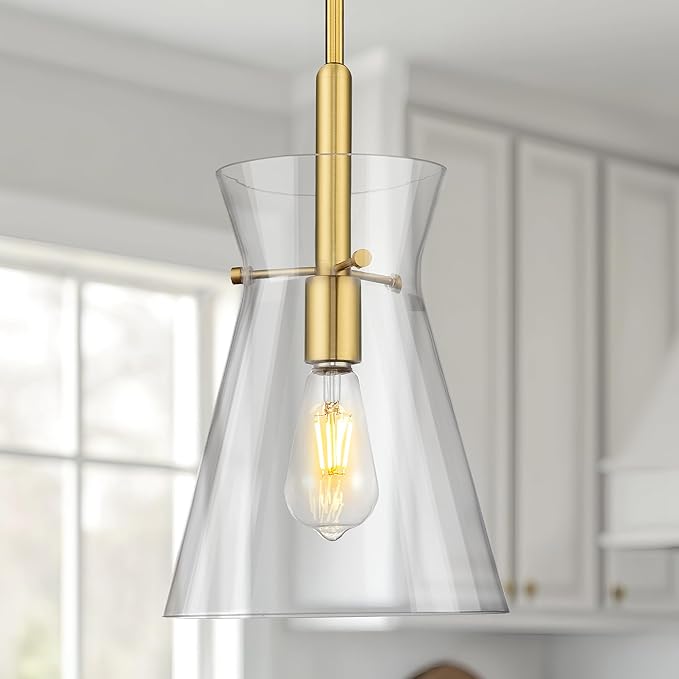 Emak 9 Inch Modern Pendant Lights Kitchen Island, Brushed Gold Pendant Light with Clear Glass Shade, Large Hanging Light Fixture for Kitchen, Dining Room, Bathroom, PL130-BGD-CG