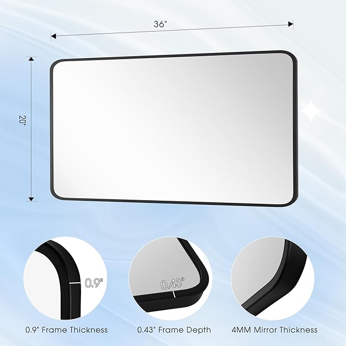 20x36 Inch Rectangle Bathroom Mirror with Black Metal Frame, Rounded Corner Rectangular Vanity Mirror for Wall, Modern Large for Bedroom, Living Room, Horizontal or Vertical