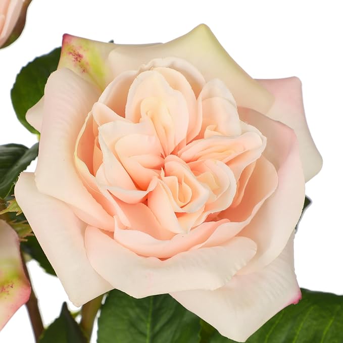 Hollyone Light Pink Roses Artificial Flowers in Blue and White Porcelain Vase 13.4" Fake Roses Flower Arrangement Artificial Plants & Flowers Potted Faux Silk Rose Flower with Ceramic Pot Home Decor