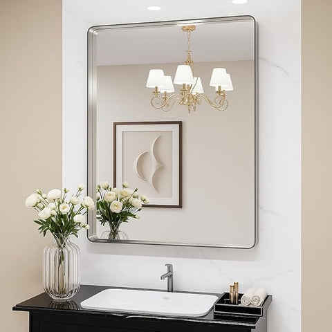Brushed Nickel 30x36 Inch Metal Framed Mirror for Wall, Large Rounded Rectangle Mirror, Anti-Rust, Tempered Glass, Hangs Horizontally or Vertically