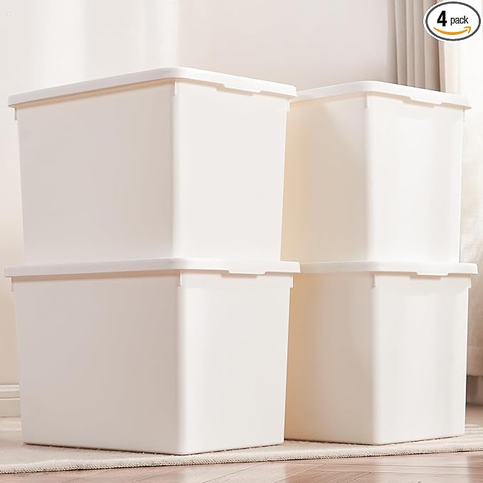White Storage Bins with lids,Office stackable Plastic Boxes Set of 4,Garage organization Storage Box with handle for Organizing Snacks, Crafts, Legos, Tools,books (white, 4XXXL)