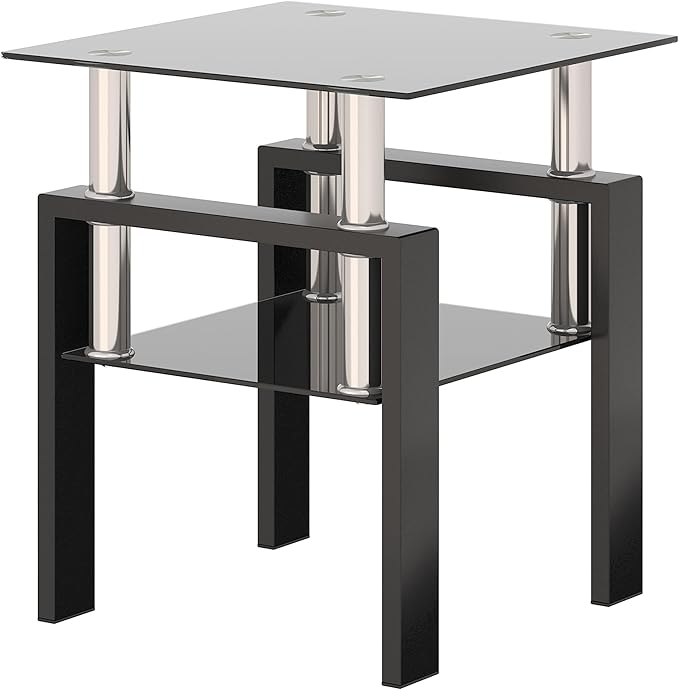 IANIYA Modern Glass End Table, 2-Tier Side Table with Tempered Glass Top & Metal Legs, Night Stand Corner Table for Living Room, Bedroom, All Black