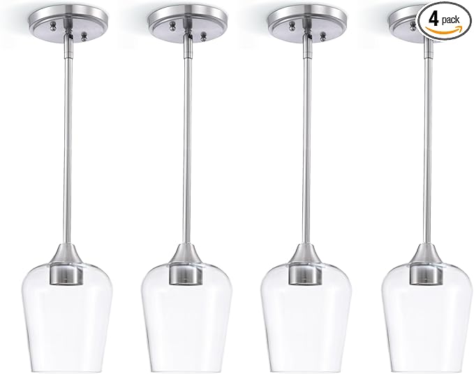 ASD Single Mini-Pendant Ceiling Light Fixture | 60W E26 Socket 120V | Dimmable, LED/CFL/Incandescent Bulbs Compatible, ETL Listed | Hanging Kitchen Island Lighting, Clear Drop Lamp | Nickel, 4 Pack