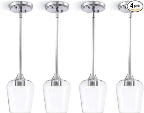 ASD Single Mini-Pendant Ceiling Light Fixture | 60W E26 Socket 120V | Dimmable, LED/CFL/Incandescent Bulbs Compatible, ETL Listed | Hanging Kitchen Island Lighting, Clear Drop Lamp | Nickel, 4 Pack
