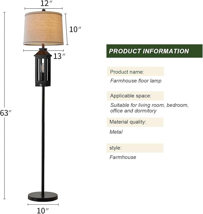 63" Floor Lamps for Living Room Bedside Nightstand Lamp All Black Tall Standing Lamp for Home Decor Bedroom Reading Lamp Farmhouse Rustic Bed Lights with 2 Light Sources (2 Bulbs)
