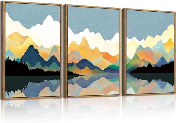 Large Abstract Mountain Lake Framed Canvas Wall Art,Watercolor Boho Forest Wall Decor,Colorful Ridge Landscape Artwork,Modern Wilderness Art Print for Living Room,Bedroom,Office-24 x36 x3