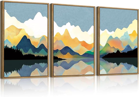 Large Abstract Mountain Lake Framed Canvas Wall Art,Watercolor Boho Forest Wall Decor,Colorful Ridge Landscape Artwork,Modern Wilderness Art Print for Living Room,Bedroom,Office-24 x36 x3