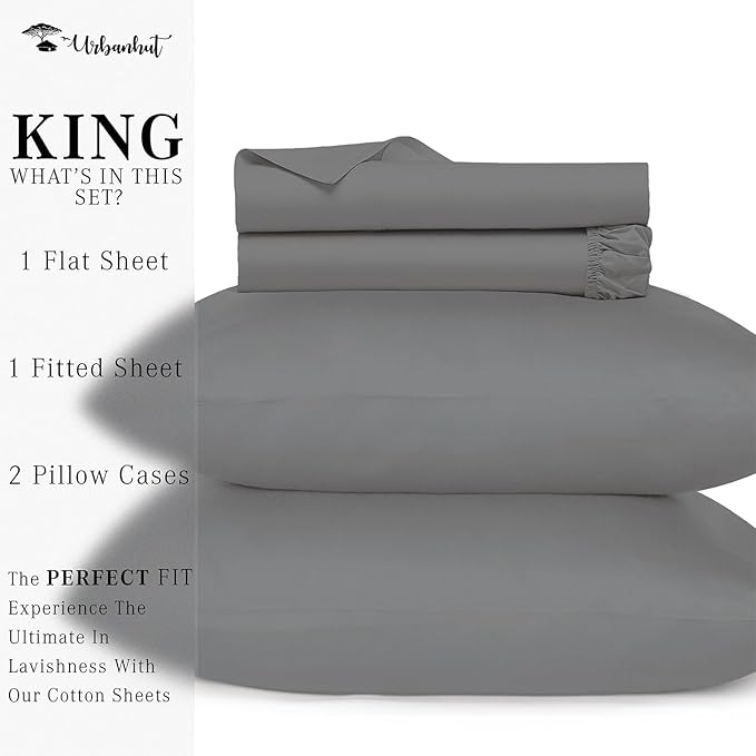 URBANHUT 700 Thread Count Egyptian Cotton Sheets King Size, 4Pc Sheet Set Soft Luxury Bed Sheets for King Size Bed, Sateen Weave Hotel Sheets, 16'' Elasticized Deep Pocket - Dark Grey