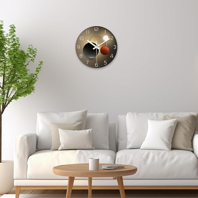 XNM Black and Glod Wall Clock for Bedroom Large Wall Clocks Battery Operated 16 Inch Round Glass Analog Wall Clock Slient