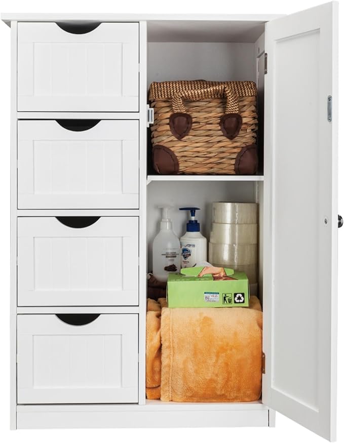 Side Storage Organizer with 4 Drawers of Medium Density fiberboard Single Door Bathroom Cabinet, Independent Entrance Storage Unit Console, Bathroom Furniture and Home Decoration, White