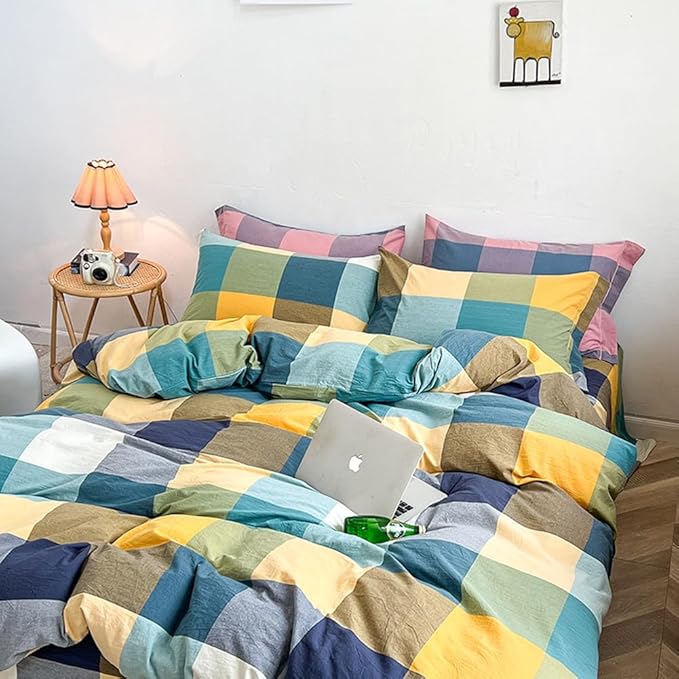 VM VOUGEMARKET Yellow Green Plaid Duvet Cover Set Queen Washed Cotton Bedding Set Multicolor Buffalo Grid Duvet Cover with 2 Pillowcases for Men Women