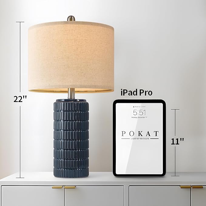 PoKat 23" Blue Table Lamps, Farmhouse Bedside Lamps for Bedroom Set of 2, Ceramic End Table Lamps for Living Room, Traditional Nightstand Desk Lamps, Medium