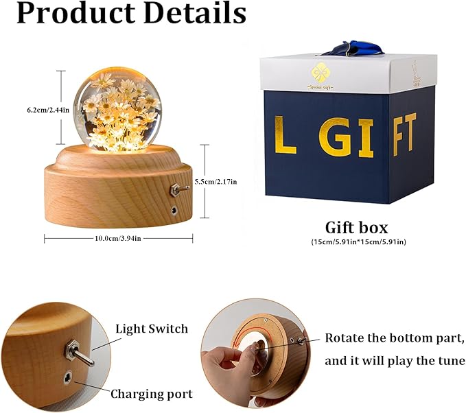 1 Pieces 6cm Diameter Yellow Glass Little Daisy Ball Night Light Music Box Wood You are My Sunshine Mechanism Flower Decor Romantic Birthday Valentine's Day for Girlfriend Her Women