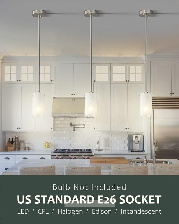 1-Light Mini Pendant Light Fixtures, Modern Chandelier Hanging Ceiling Light with White Frosted Shade, Brushed Nickel Pendant Lighting for Kitchen Bedroom Hallway, Adjustable Height, 3 Pack