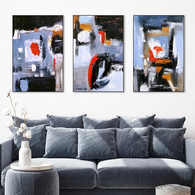 Canvas Wall Art Aesthetic Abstract Graffiti Large 32" X 24" Set of 3 Minimalist Wall Decor Modern Nature Art Posters Prints Frame Wall Art For Living Room Bedroom Bathroom Kitchen Office (Blue)