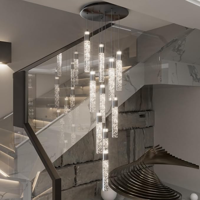 10-Light Black Modern Crystal Chandelier for Living Room Foyer Entrance 110" Long Bubble Crystal Chandelier for Loft High Ceiling Lighting Fixtures LED Lampara, 3000k-6000K