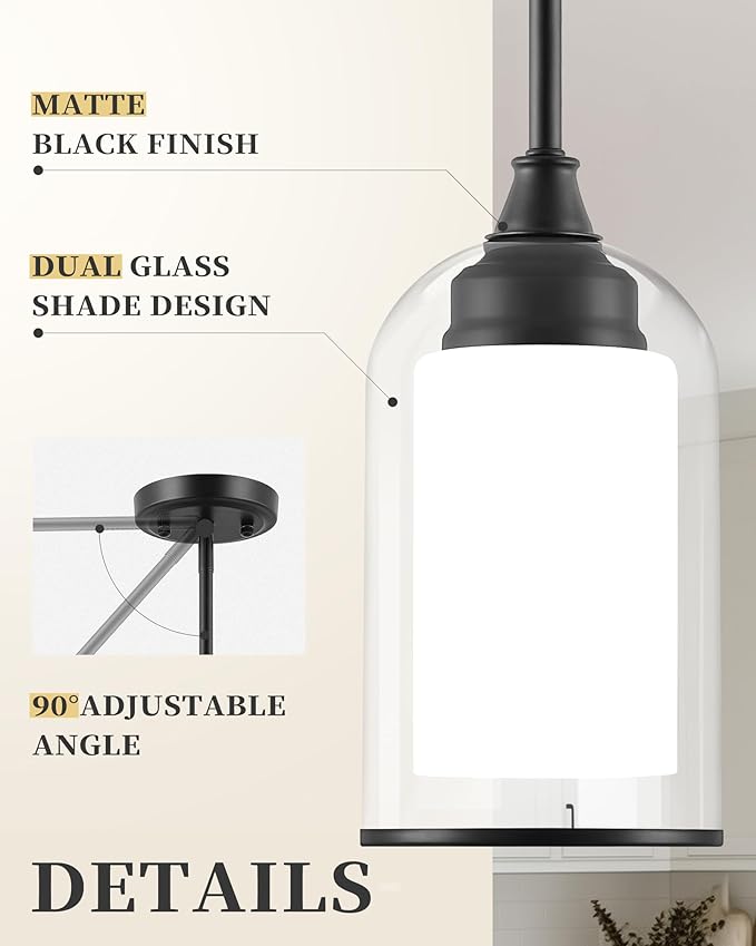 LIROUVET 2 Pack Pendant Lights Kitchen Island, Dual Glass Pendant Lights, Black Hanging Lamp with Clear and Milk Glass, Industrial Pendant Light Fixtures for Dining Room PL02BK-2PK