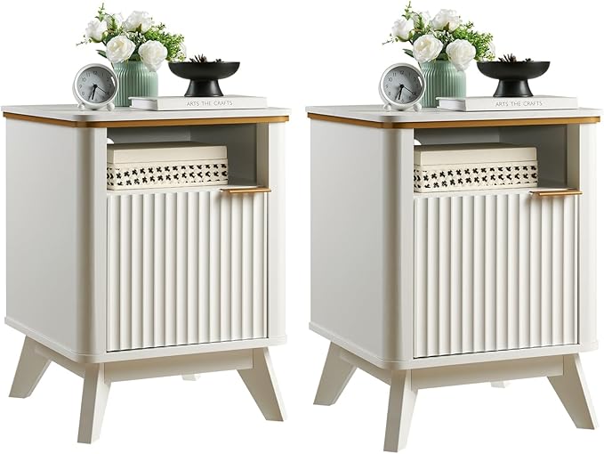 QUW Fluted Nightstand Set of 2 with Charging Station, 18" Modern Side Table, Bedside Table with Open Storage and Cabinet, End Table for Bedroom, Living Room, White