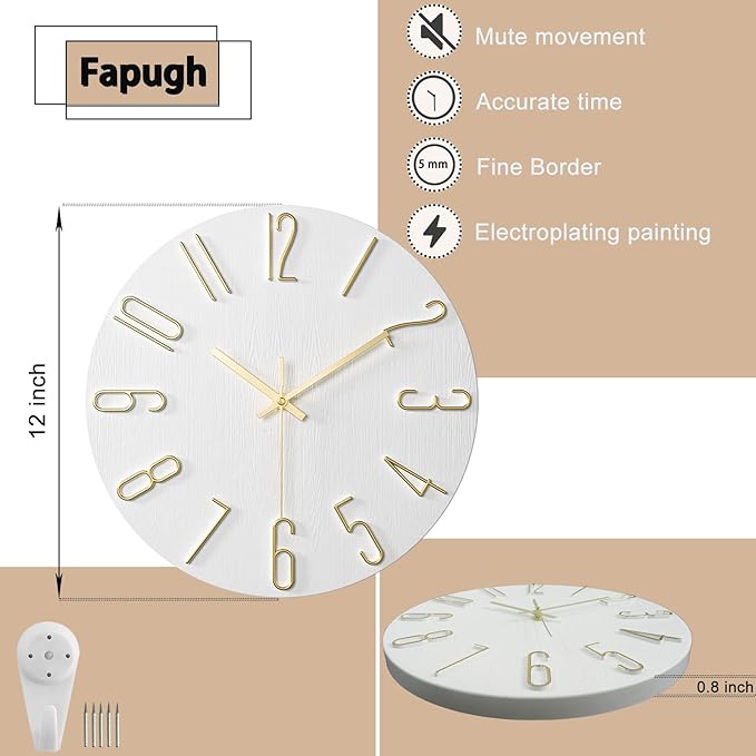 Faupugh Wall Clock Battery Powered 12 inch Silent Wall Clock, Exquisite Modern Style Decorative Clock, Suitable for Home, Office, School, Kitchen, Bedroom, Living Room (White)