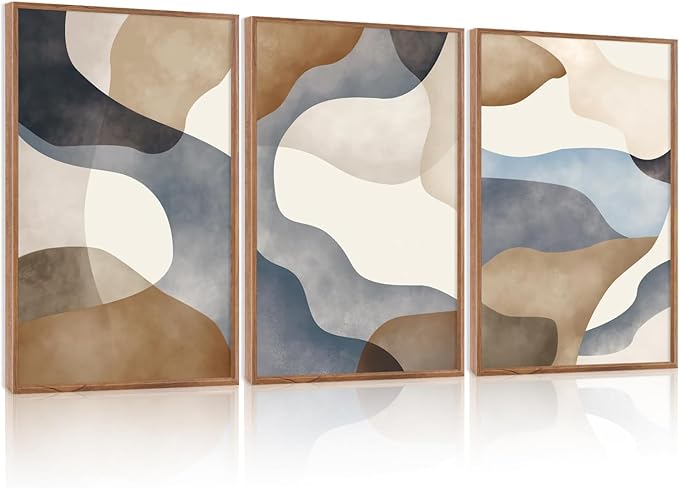 Large Abstract Watercolor Block Framed Canvas Wall Art,Colorful Neutral Geometric Wall Decor,Beige Blue and Brown Artwork,Modern Minimalist Line Art Print for Living Room,Bedroom-24 x36 x3