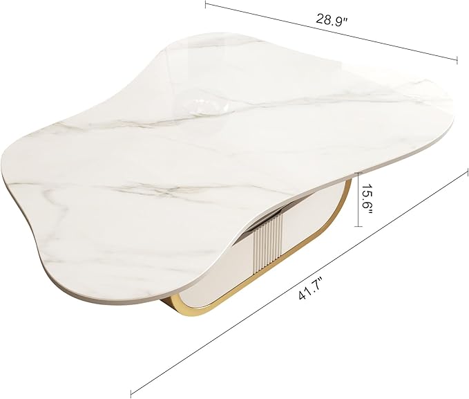 41.7" Marble Coffee Table with Storage Shelf & Drawer, Modern White Gold Coffee Tables for Living Room,Sturdy Stainless Steel Base, Sintered Stone Tabletop, Irregular Tea Cocktail Center Table
