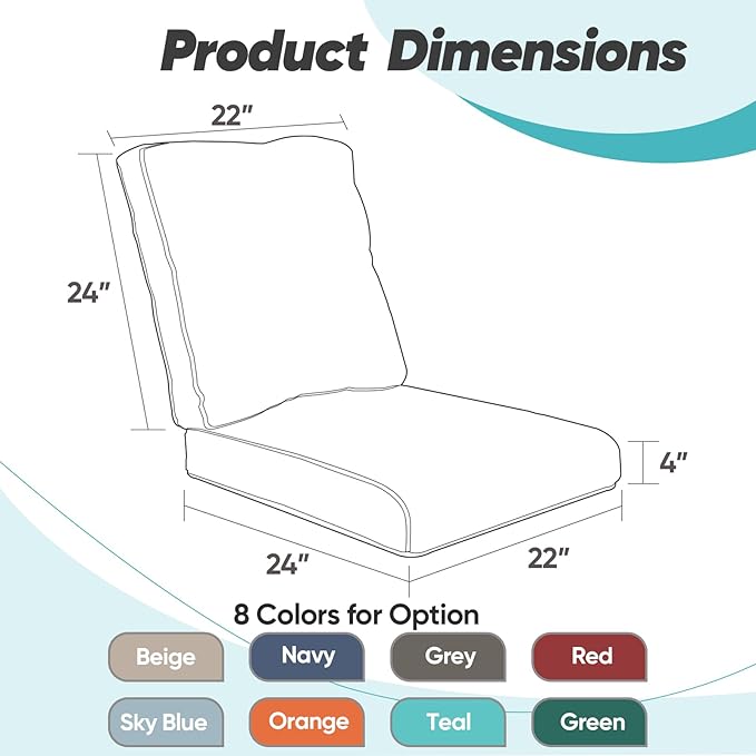 Patio Cushions for Outdoor Furniture - 22×24 Inches High Back and Deep Seating Outdoor Cushion for Patio Chairs Sofa Couch Loveseat Water Resistant(Grey/1 Set/No Button)