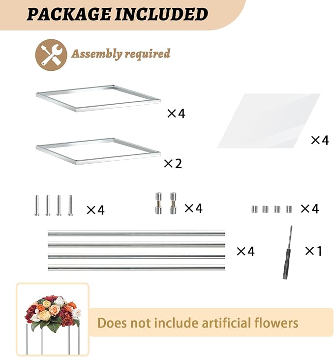2-Tier Metal Flower Stand Set with Acrylic Shelves, Geometric Display Rack for Wedding Centerpieces, Party Decor, Tall Floor Vase Stand (Silver, 2 Pcs-25)