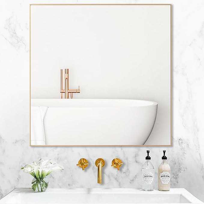 36x36 Inch Gold Bathroom Mirror, Copper-Free Mirror, Aluminum Alloy Frame Vanity Mirror, Rectangle Wall Mounted Mirror, Modern Mirror for Bedroom/Living Room/Porch Horizontal or Vertical