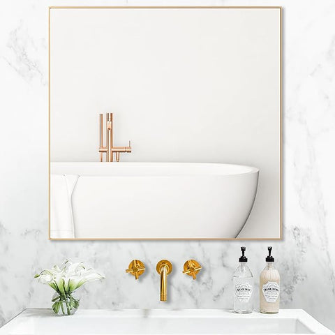 36x36 Inch Gold Bathroom Mirror, Copper-Free Mirror, Aluminum Alloy Frame Vanity Mirror, Rectangle Wall Mounted Mirror, Modern Mirror for Bedroom/Living Room/Porch Horizontal or Vertical